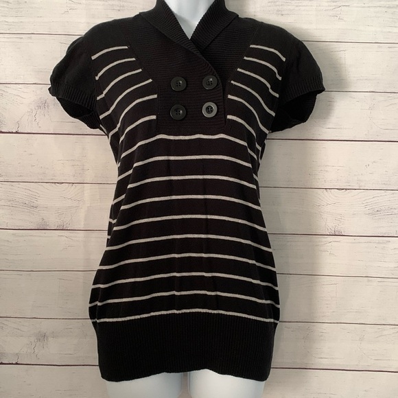 Vintage Black/White Striped Cap-Sleeve Lightweight Shawl Collared Soft Sweater - Picture 1 of 6